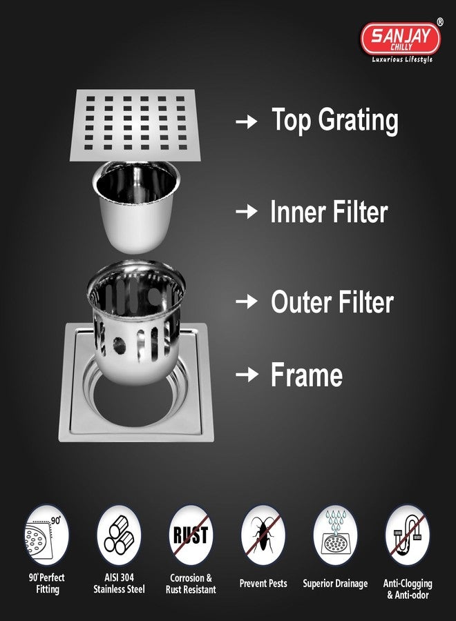 SANJAY CHILLY مصيدة صراصير أرضية مربعة الشكل من سانجاي تشيلي زووم مصنوعة من الفولاذ المقاوم للصدأ، مناسبة لشبكات تصريف مياه الحمامات | مصفاة تصريف مياه المطبخ من الدرجة 304، مناسبة لأحواض المطبخ، وأحواض الاستحمام، والمراحيض، ومضادة للروائح، وملتقطة للشعر (سلسلة ذهبية - فضي - 5 × 5 بوصة) - Image 3